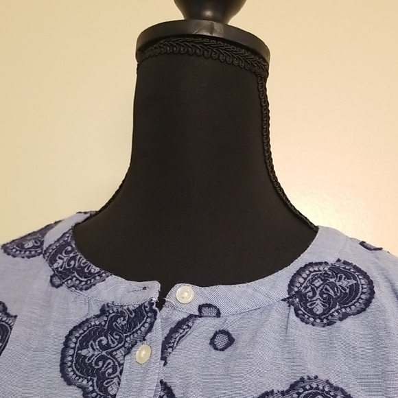LOFT Women's Boho Blue Medallion Blouson Sleeve Cotton Button Up Tunic Top Small - Picture 10 of 13